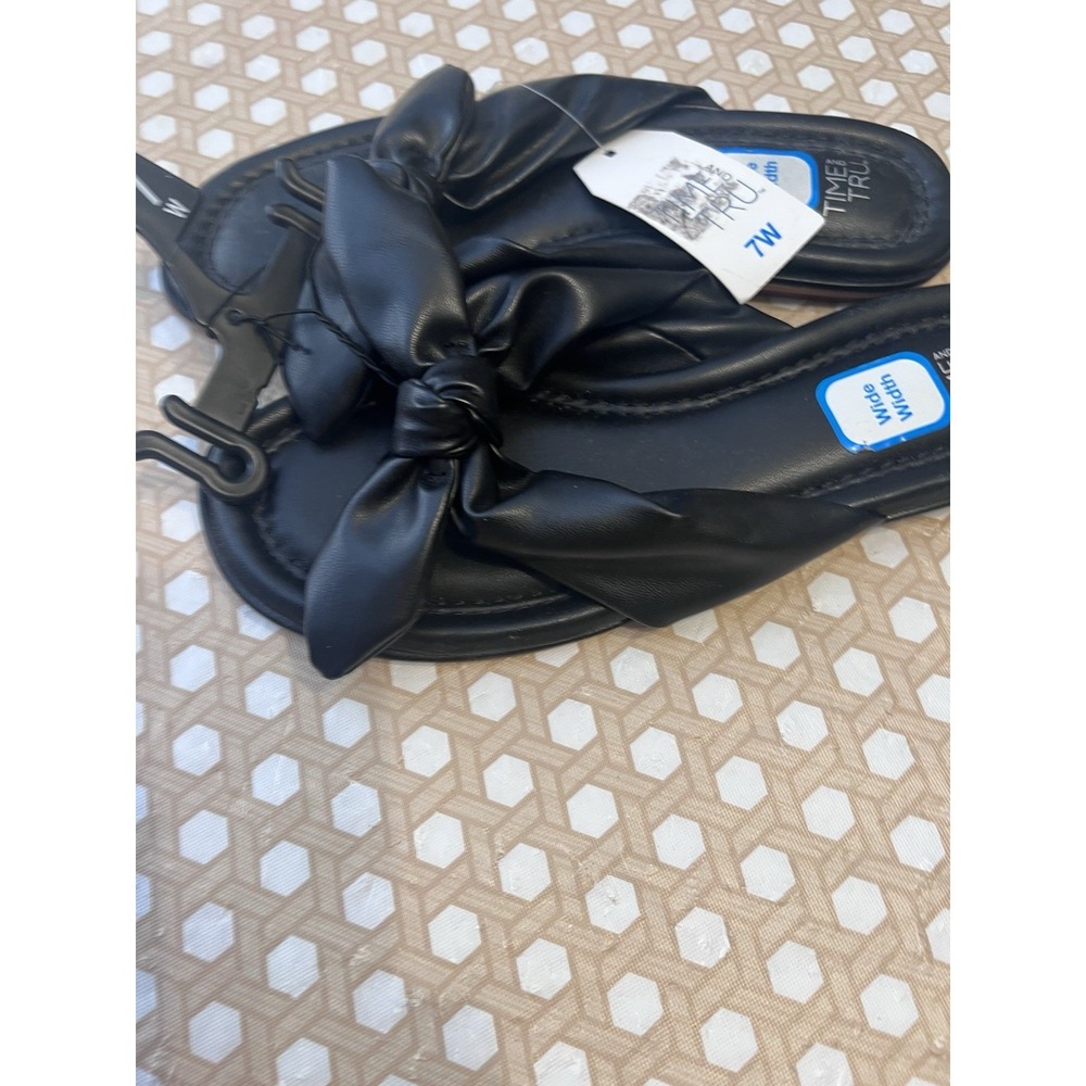 Black Sandal Flat Slides Faux Leather‎ Bow Thong Memory Foam Cushion Size 7W - Picture 3 of 6